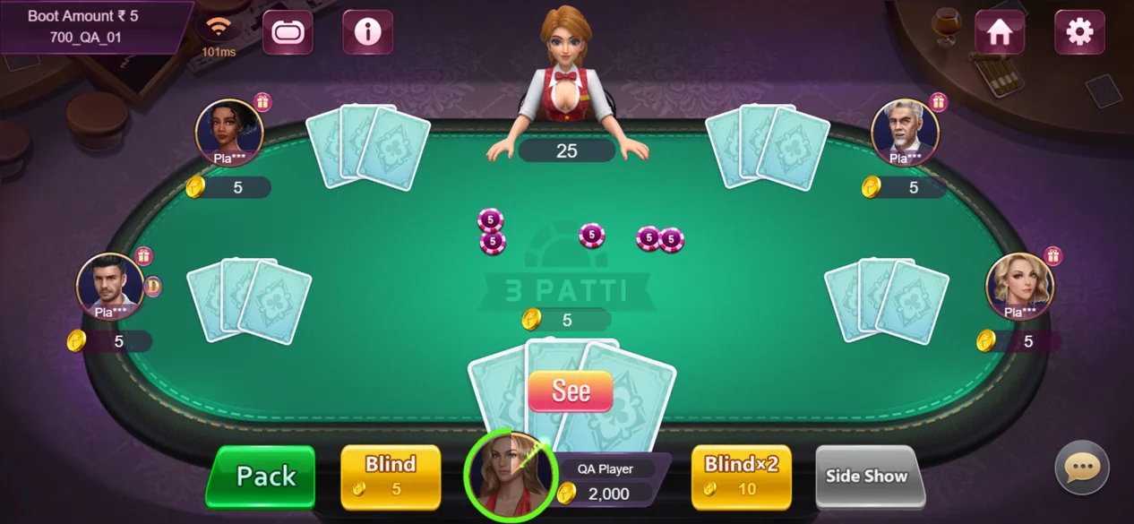 Real Paisoo Teen Patti table with three-card hands and multiplayer seating